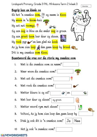 Grade 3: FAL: Afrikaans: Term 2 Week 3 oo klank: worksheet 1: Monday