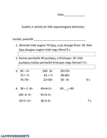 Sud4tis ir atimtis iki 100