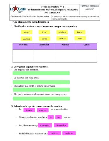 El determinante artículo, el sustantivo y el adjetivo.