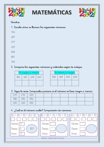 Matemáticas. Escribe, ordena, series, composición números hasta el 999