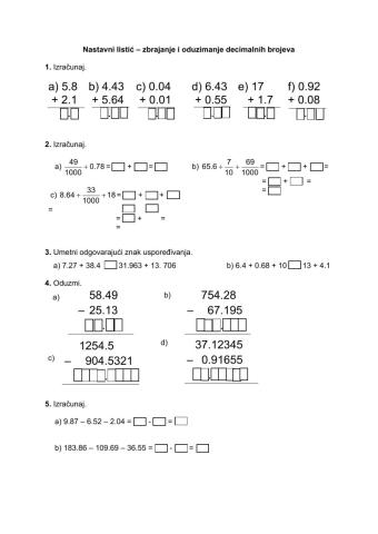 Nastavni listić - Zbrajanje i oduzimanje decimalnih brojeva