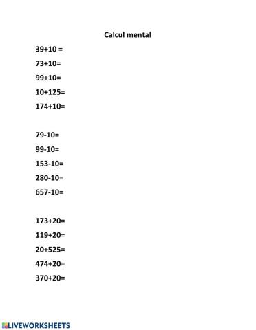 Fiche annexe calcul mental Mod.15, séance 4