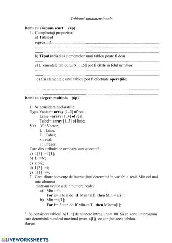 Tablouri unidimensiuonale