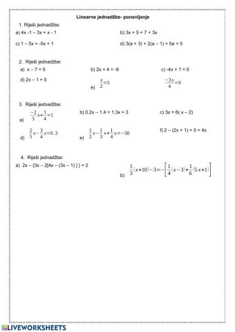 Linearne jednadžbe - ponavljanje
