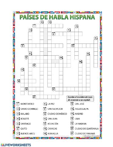 Crucigrama Países y Capitales Hispanohablantes