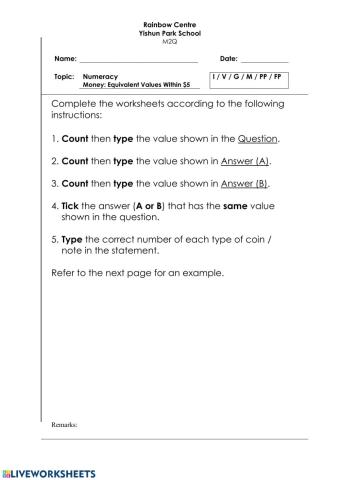 Money Type + Tick Worksheet - Equivalent Values Within -5 H, Z 1