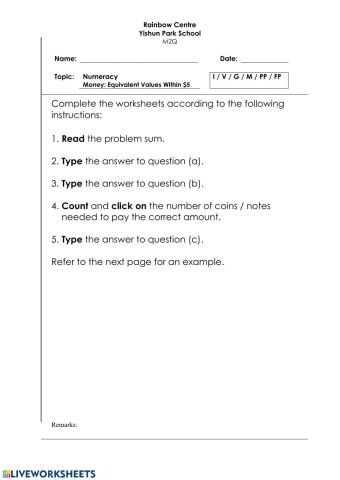 Money Problem Sums Worksheet - Equivalent Values Within -5 H, Z 1