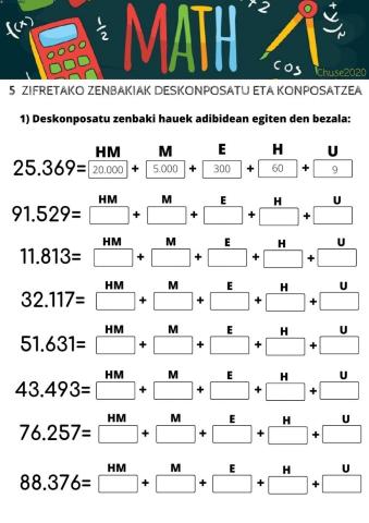 Deskonposaketak eta konposaketak 5 zifretako zenbakiekin