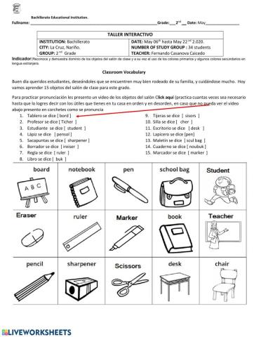 Classroom Vocabulary 2°