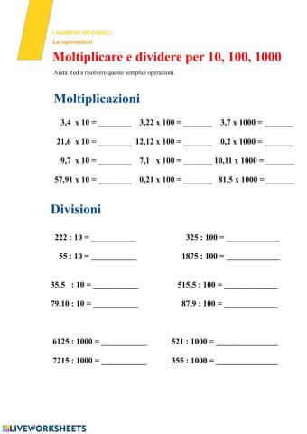 Moltiplicare e dividere numeri decimali per 10, 100, 1000