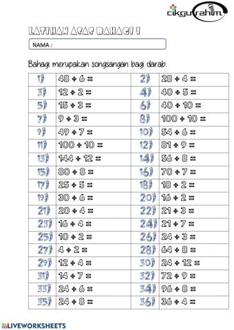 Latihan Asas Bahagi Tahun 3