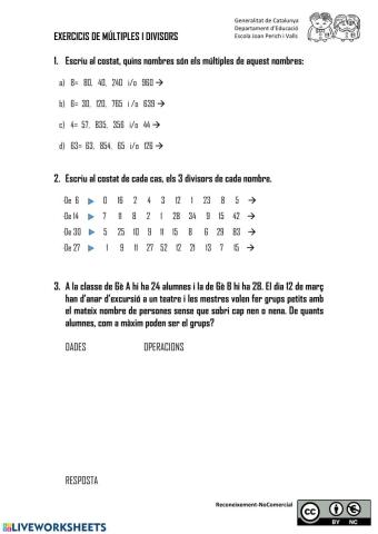 Exercicis i problemes de múltiples i divisors