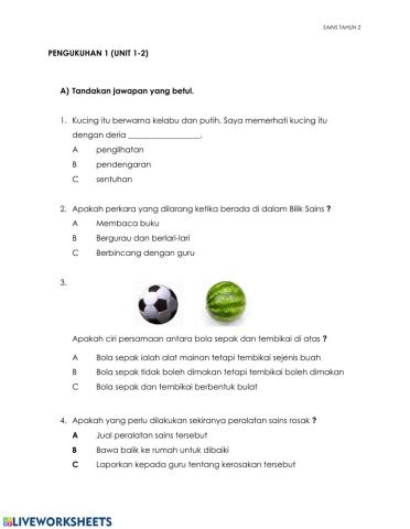 Latihan Pengukuhan 1 : Sains tahun 2