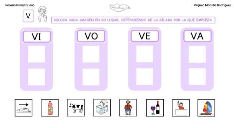 Clasificar sílabas V iniciales en palabras con grafemas