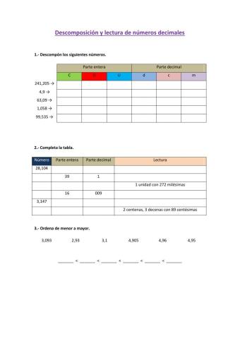 Descomposición, escritura y lectura de números decimales