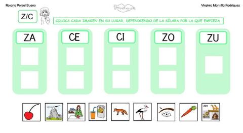 Clasificar sílabas C-Z inicial en palabras, con grafemas.