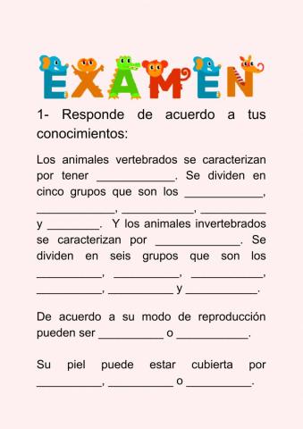 Examen vertebrados e invertebrados