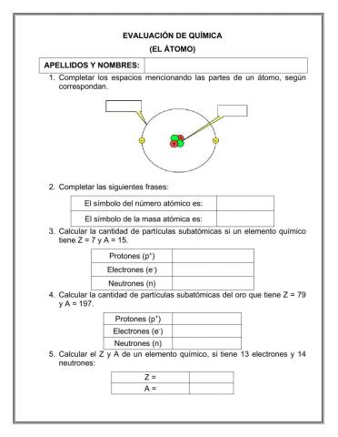 Evaluación (El átomo)