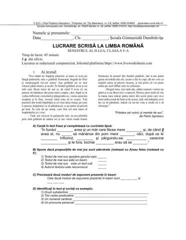 Evaluare finala semestriala Limba si literatura română, cls V, semestrul al II-lea