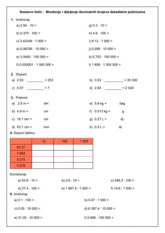 Nastavni listić - Množenje i dijeljenje dekadskim jedinicama