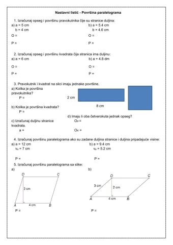 Nastavni listić - Površina paralelograma