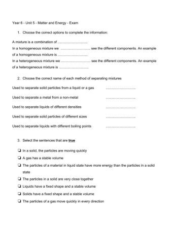 Year 6 natural exam unit 5 matter and energy