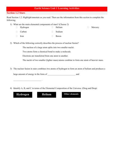 Earth Science learning Activity 1.2