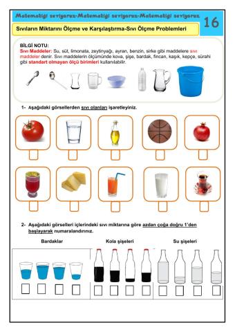 Matematiği Seviyoruz 16  Sıvıların Miktarını Ölçme ve Karşılaştırma