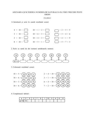 Adunarea și scăderea 0-20, fără trecere peste ordin
