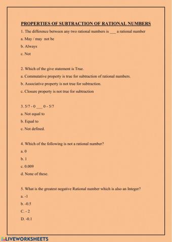 Properties of Subtraction of Rational numbers