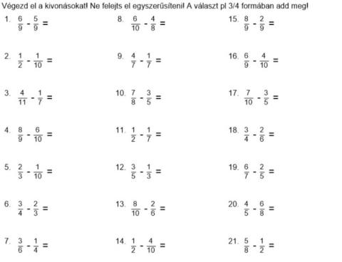 Különböző nevezőjű törtek kivonása
