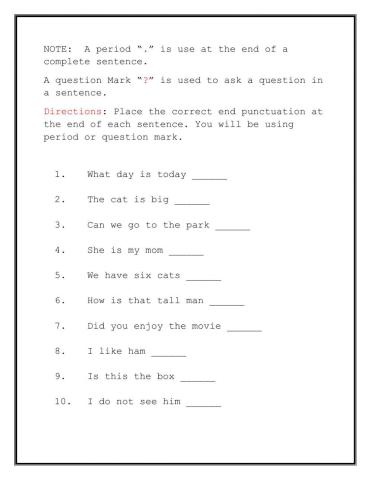 End Punctuation - Period and question marks Day 1