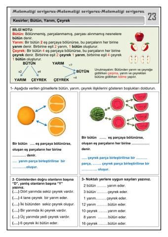 Matematiği Seviyoruz 23  KESİRLER Bütün, Yarım, Çeyrek