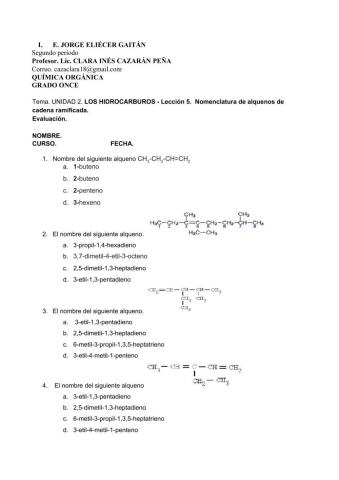 Lección 5.  Nomenclatura de alquenos de cadena ramificada. Evaluación.