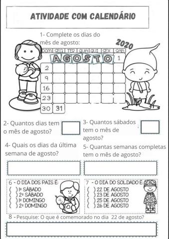 Atividade calendário Agosto 2020