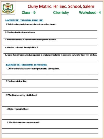 Class -9 Chemistry Worksheet -4