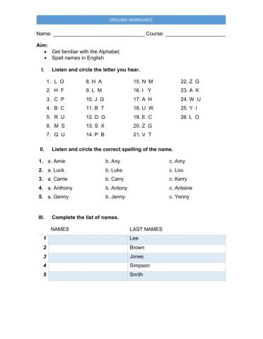 Spelling Worksheet