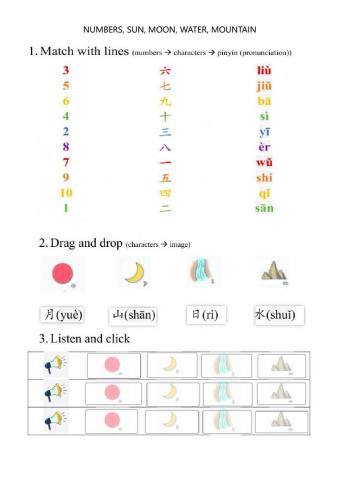 Numbers, sun, moon, water, mountain,colors