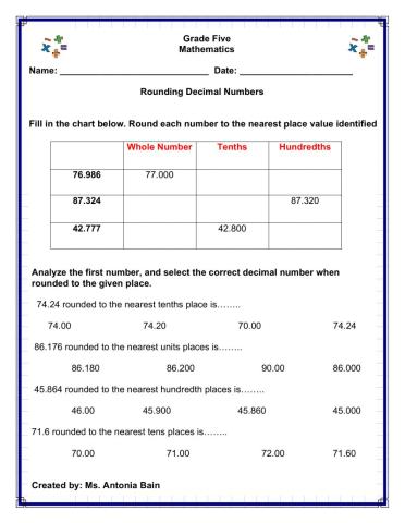 Rounding Decimal Worksheets