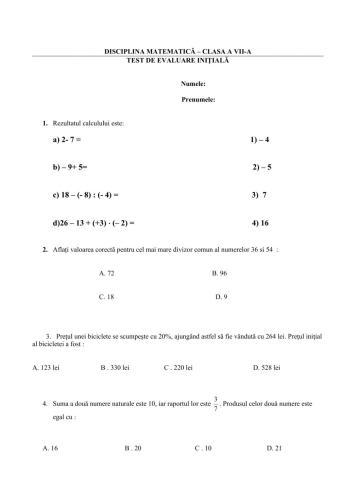 Matematica-test inițial-