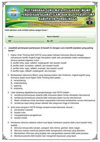 Soal pretest workshop penyusunan soal pai berbasis ict