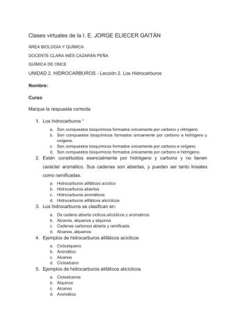 ACTIVIDAD: UNIDAD 2. HIDROCARBUROS - Lección 2. Los Hidrocarburos