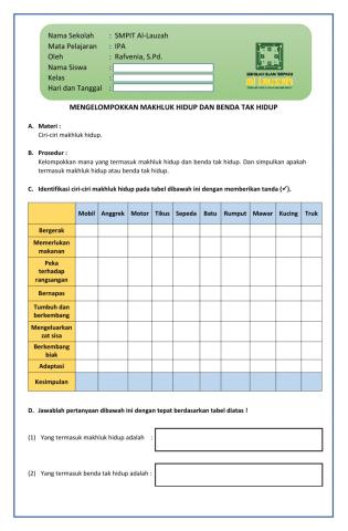 Worksheet Ciri-Ciri Makhluk Hidup