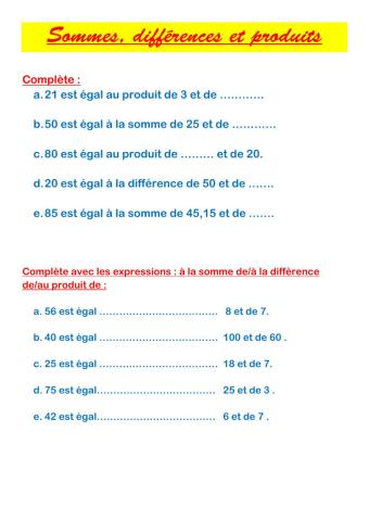 Somme différence et produit : vocabulaire numération