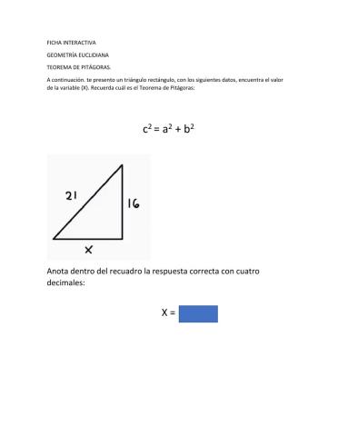 Ejercicio sobre Teorema de Pitágoras