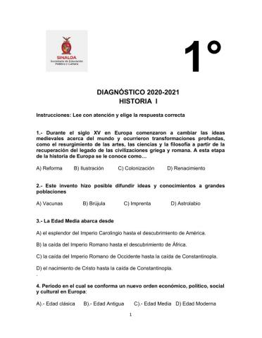 EXAMEN DIAGNÓSTICO DE HISTORIA 1