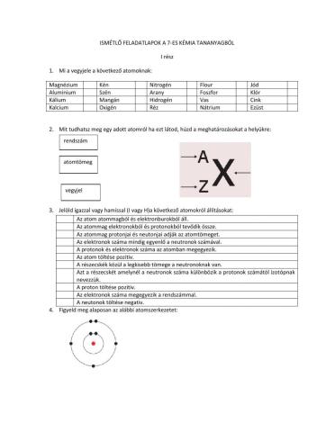 Ismétlő feladatlap -Atom -7 osztály