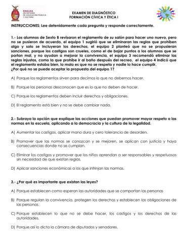 Examen Diagnóstico Formación Cívica y Ética 1