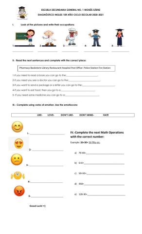 Examen Diagnostico 1ro Secundaria INGLES