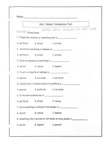 Reading wonders unit 1 week 1 vocabulary test